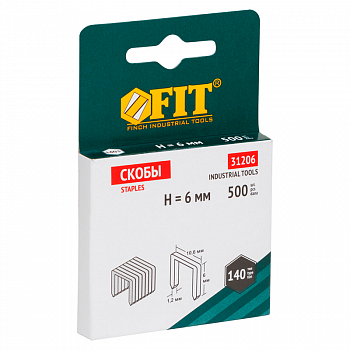 Скобы для степлера 10,6х 6мм, Тип 140, закаленные, уп=500шт. ПРОФИ /FIT 31206 (20)