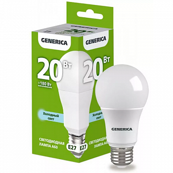 Лампа светодиодная 20Вт А60 6500К Е27 230В грушевид., GENERICA (гарантия 1 год) /IEK LL-A60-20-230-65-E27-G (1)
