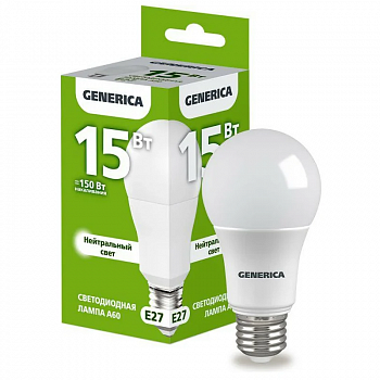 Лампа светодиодная 15Вт А60 6500К Е27 230В грушевид., GENERICA (гарантия 1 год) /IEK LL-A60-15-230-65-E27-G (1)