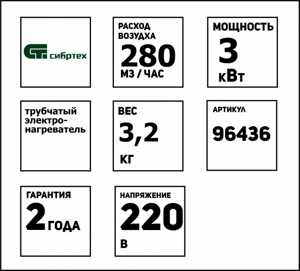 00000051223-ЗШ524-Схема-Тепловая пушка 3кВт, 220В, 280 м.кубчас, 3 режима, вентилятор, нагрев 15003000Вт Сибртех 96437